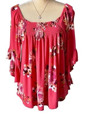Bobeau Coral Pink Floral Smocked Peasant Blouse Flutter Sleeves